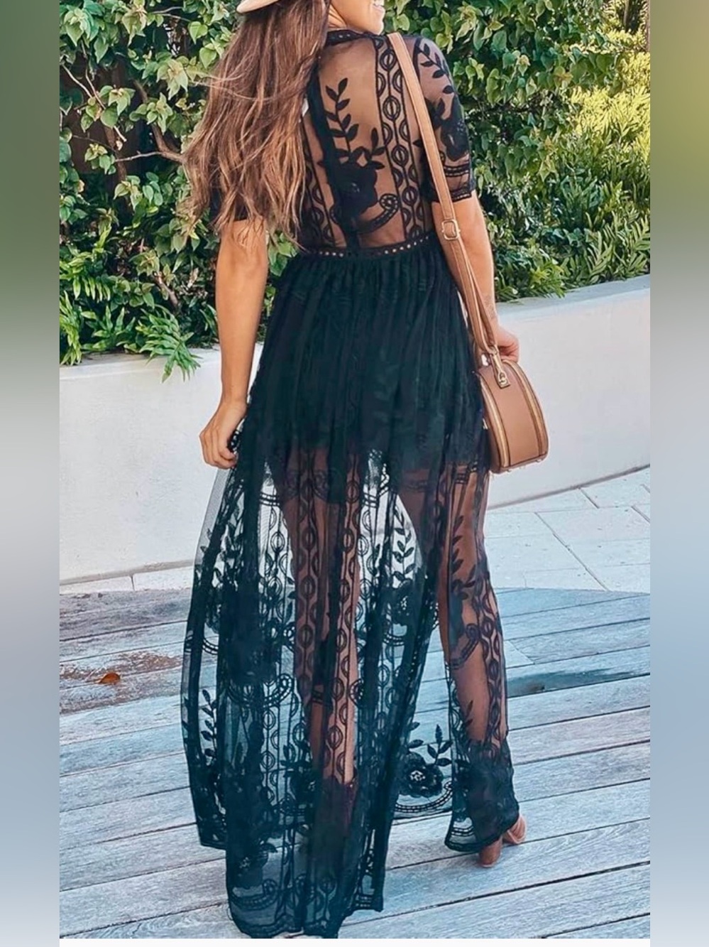 Women's Deep V-Neck Lace Romper Short Sleeve Long Dress - Picture 2 of 9